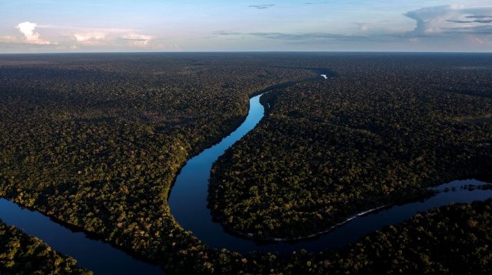 An aerial view of the Amazon River. 
