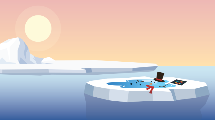 Illustration of a melted snowman on an iceberg during daytime