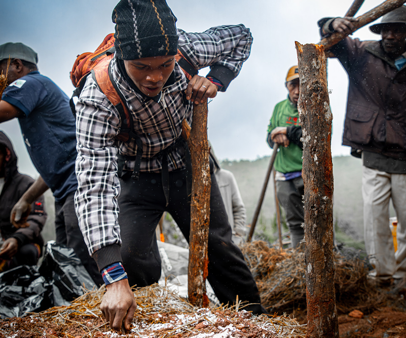 A man sinking a wooden stick into the ground 